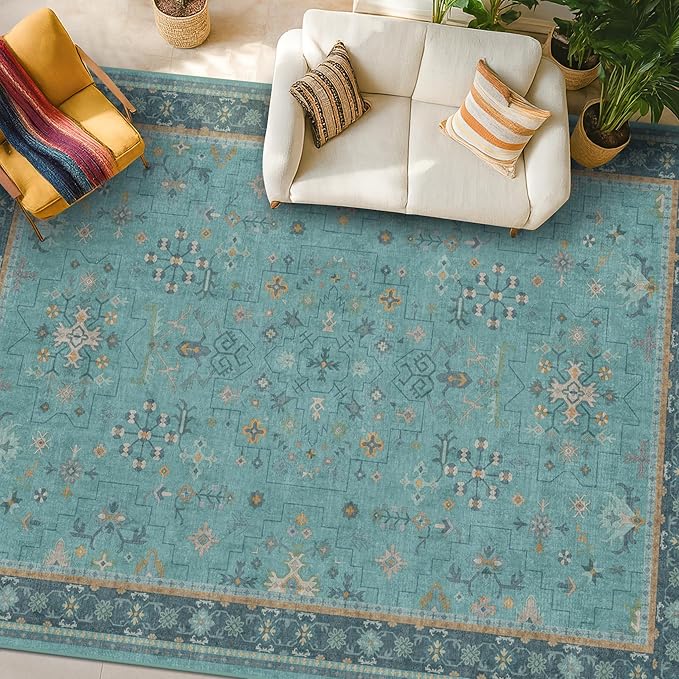 Large Boho 8x12 Teal Green Washable Living Room Rug by HazoHaus