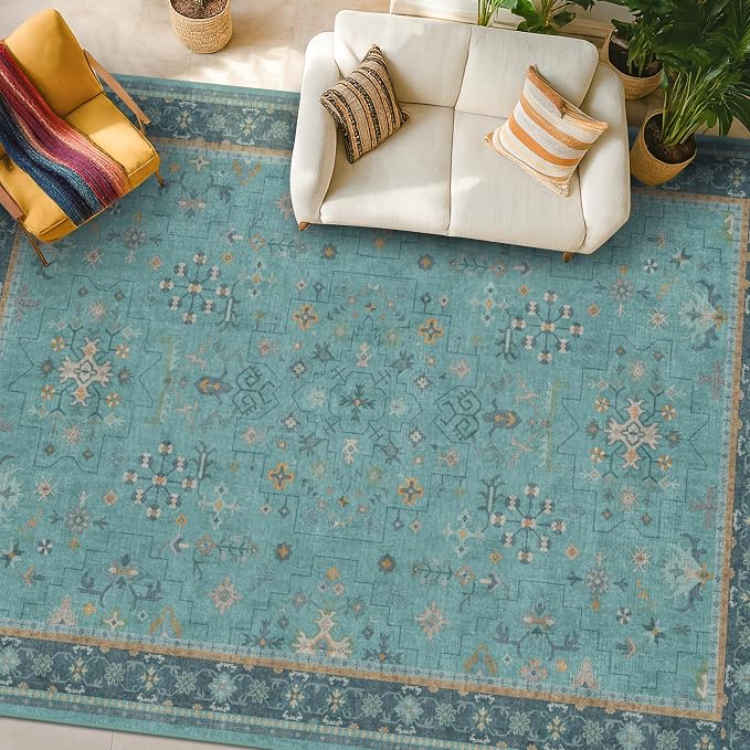 Boho Teal 7x9 Soft Rugs for Living Room, Washable Turquoise Rug for Bedroom by HazoHaus