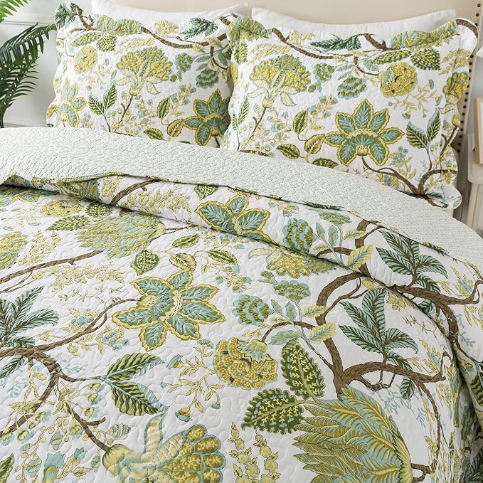 3-Piece Quilt Set Quilted Bedspread Cotton Coverlet Set Floral Oversized - Image 3