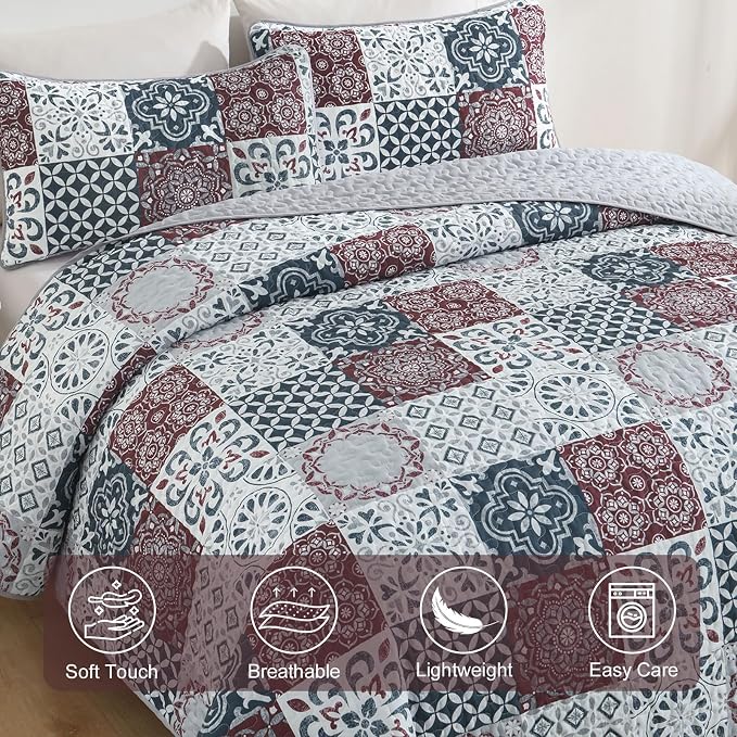 Dobuyly Patchwork Quilt Set Queen Size Boho Plaid Bedspread Red Grey Quilt - Image 5