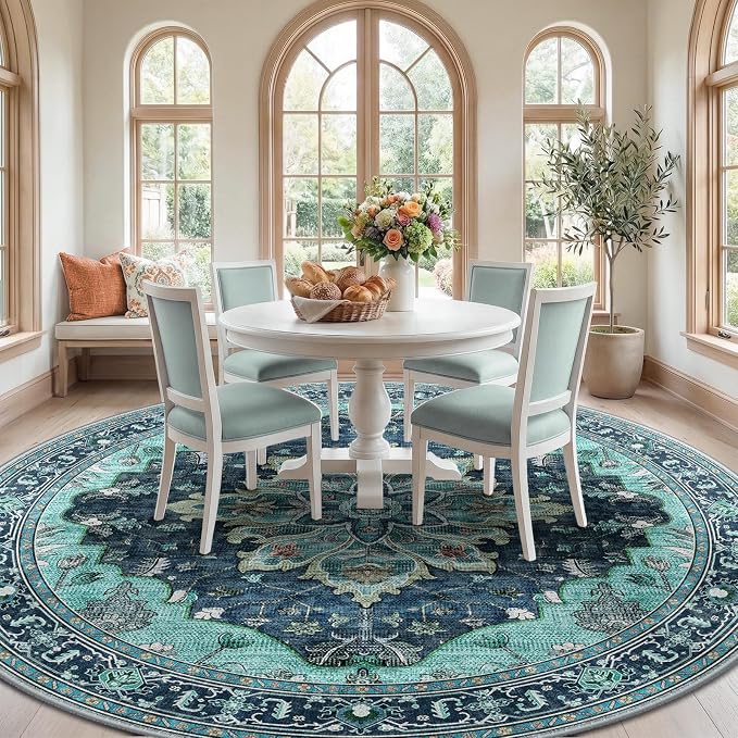 RELEANY Washable Area Rug, Round 8ft, Teal | Non-Slip, Water Repellent - Image 2