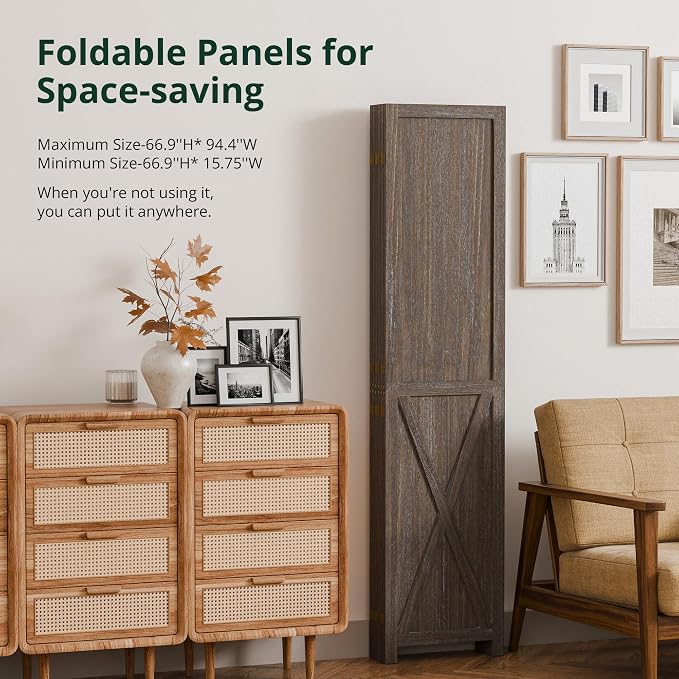 6 Panel Folding Room Divider, Solid Wood Privacy Screen, Freestanding Partition - Image 3