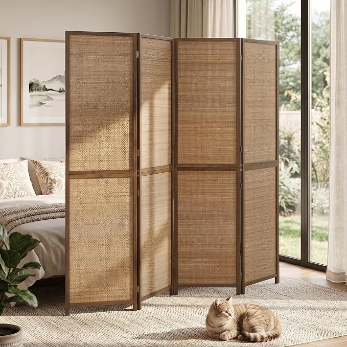 HOMCOM Room Divider, 6 FT Tall Folding Privacy Screen, 4-Panel Boho Brown | - Image 9