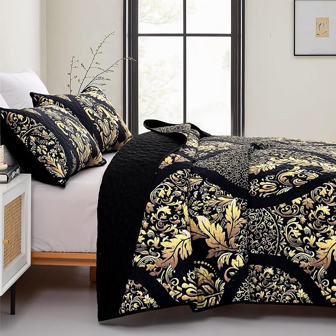 DJY Black Quilt Set California King Size 3Pcs, Boho Gold Damask Bedspread | - Image 3