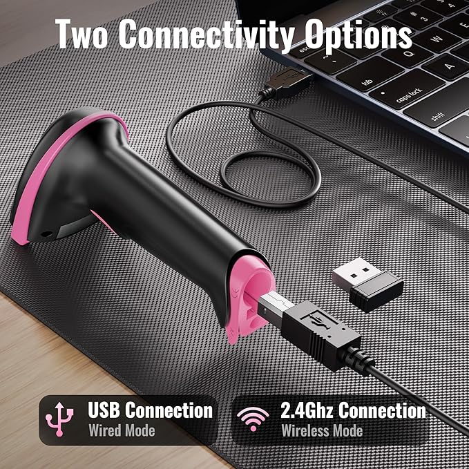 Tera Barcode Scanner Wireless Versatile 2-in-1 (2.4Ghz Wireless+USB 2.0 Wired) with Battery Level Indicator, 328 Feet Transmission Distance Rechargeable 1D Laser Bar Code Reader Handheld 5100 Pink