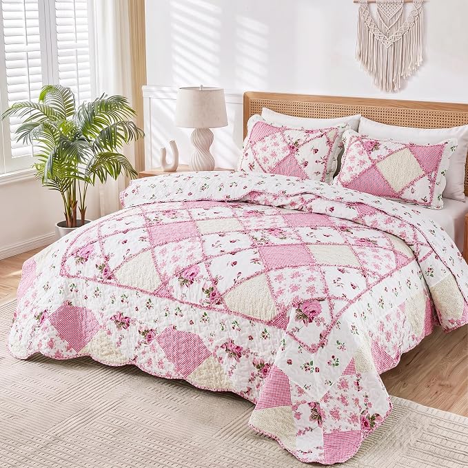 Oversized King Size Quilt Set 128x120 Pink Floral Patchwork Bedspreads Set | - Image 2