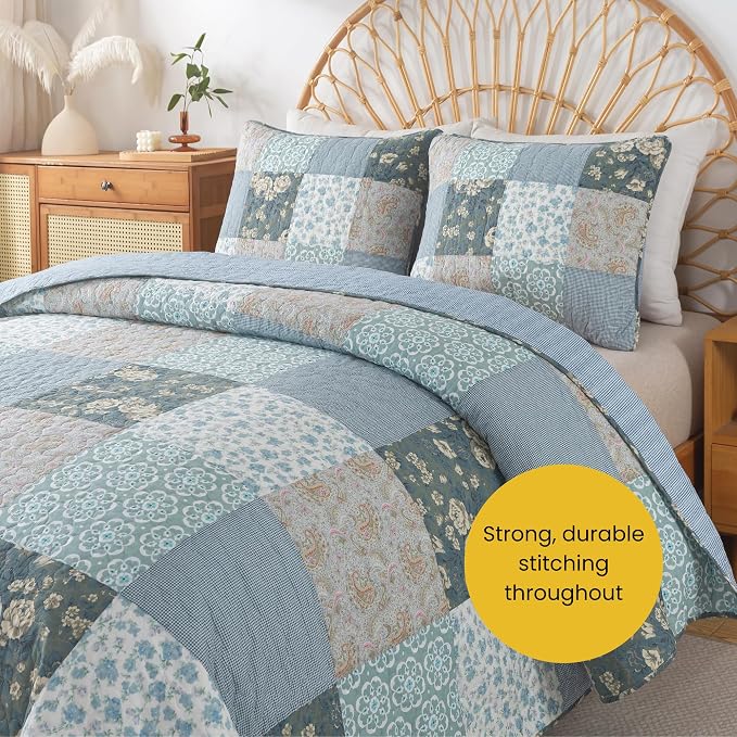 SLPR - Wildflowers Blue Floral Patchwork Cotton Quilt Set, 2 Shams | Quilted - Image 4