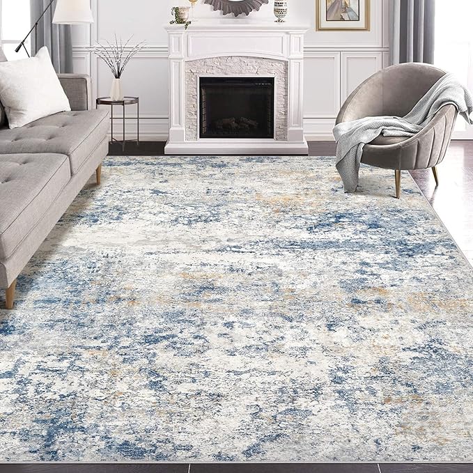 Area Rug Living Room Rugs - 6x9 Abstract Large Soft Indoor Washable Rug Neutral Modern Low Pile Carpet for Bedroom Dining Room Farmhouse Home Office - Blue