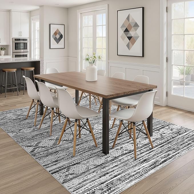 Nakagishi Boho 4x6 Area Rug Living Room Rugs Machine Washable Black White | Soft - Image 7