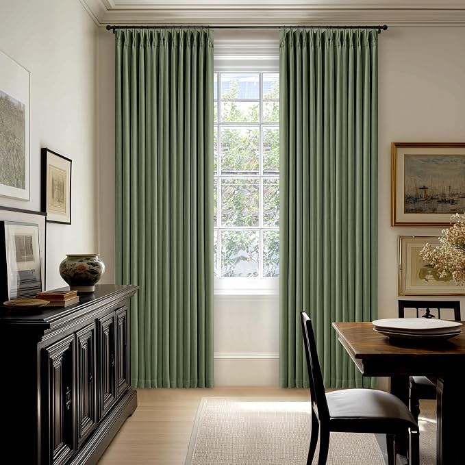 90 Inch Olive Green Linen Pinch Pleated Blackout Curtains - Image 9