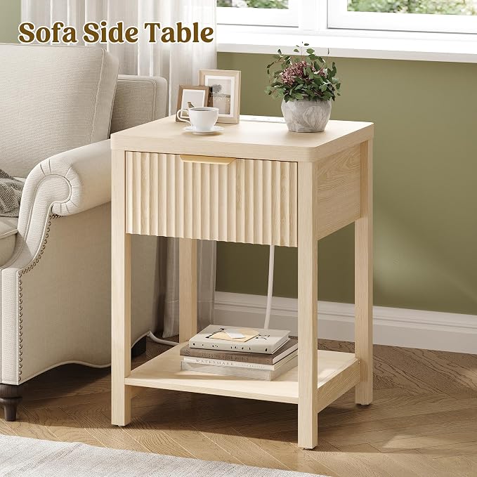 Night Stand Set 1, Fluted Wood Bedside Table w/Socket Station - Image 2