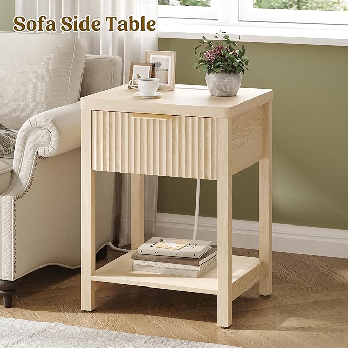 Night Stand Set 2, Fluted Wood Nightstands w/Charging Station - Image 4