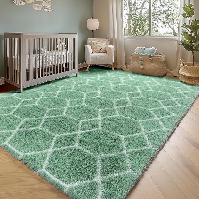 Rugs for Living Room Bedroom, 5x8 Fluffy Sage Green and White Area Rug - Image 7
