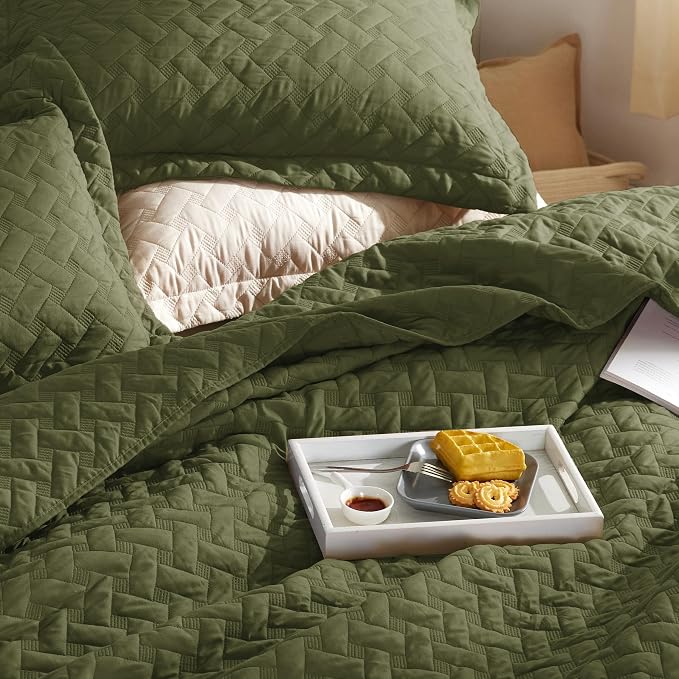 Bedsure King Size Quilt, Lightweight Comforter Set, Olive Green Bedspread | - Image 5