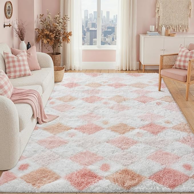 Pink 5x7 Area Rug for Kids Room Soft Checkered Shag Carpet | Machine Washable by PureCozy