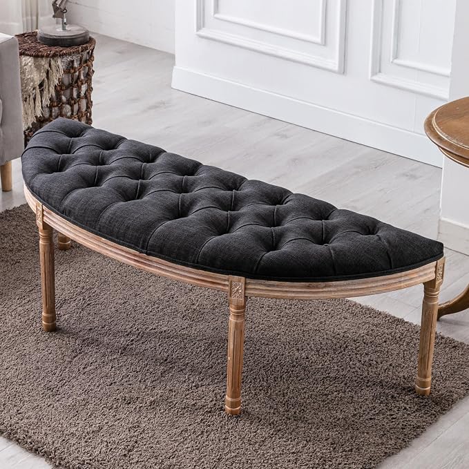 chairus 55" Button Tufted Semi-Circle Dining Bench Linen Halfmoon Entryway - Image 9