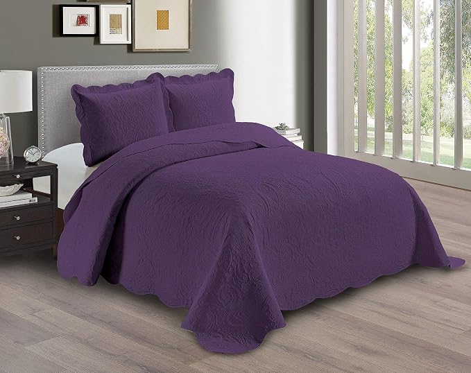 Linen Plus Embossed Coverlet Bedspread Set Oversized Solid Purple by Linen+Plus