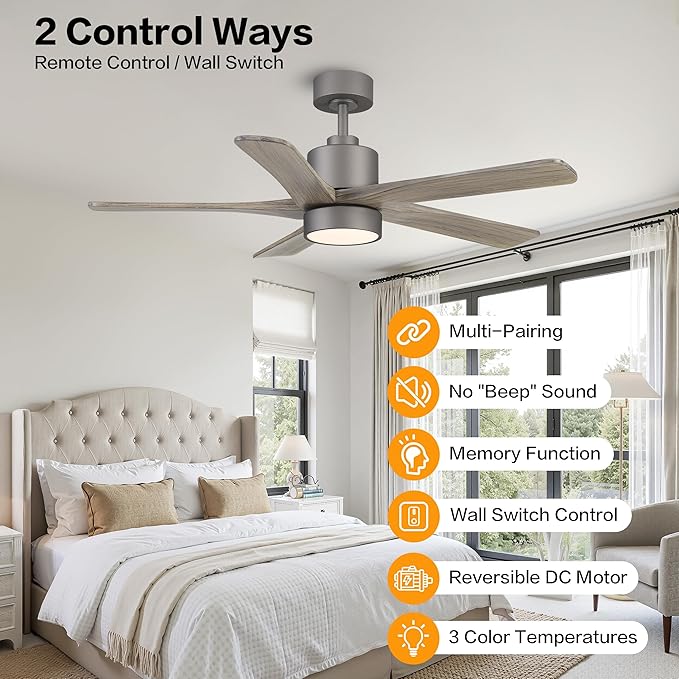WINGBO 48 Inch DC Ceiling Fan with Lights and Remote Control, 5 Carved Solid Wood Blades, 6-Speed Noiseless Reversible DC Motor, Indoor Ceiling Fan in Graphite Finish with Gray Blades