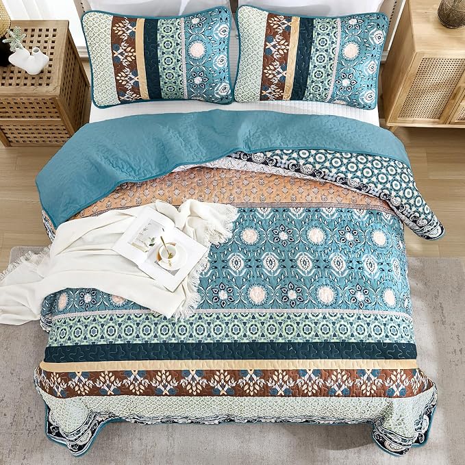 Yiran Blue Boho Quilt Set King Size, Fall Patchwork Bedspreads | Bohemia - Image 4