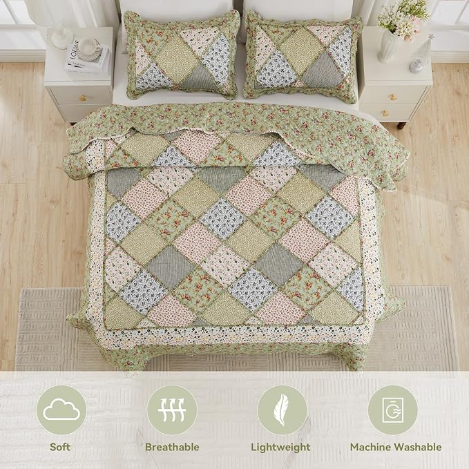 Oversized King Size Quilt Set 128x120 Green Floral Patchwork Bedspread Set | - Image 3