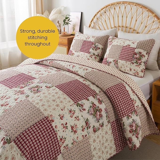 SLPR - Country Roses Red Floral Patchwork Quilt Set, Queen - Image 4