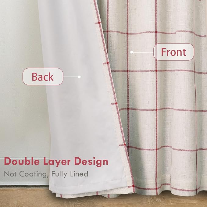 DriftAway 100% Blackout Plaid Linen Curtains 102 Inches Long 2 Panels Red | - Image 3