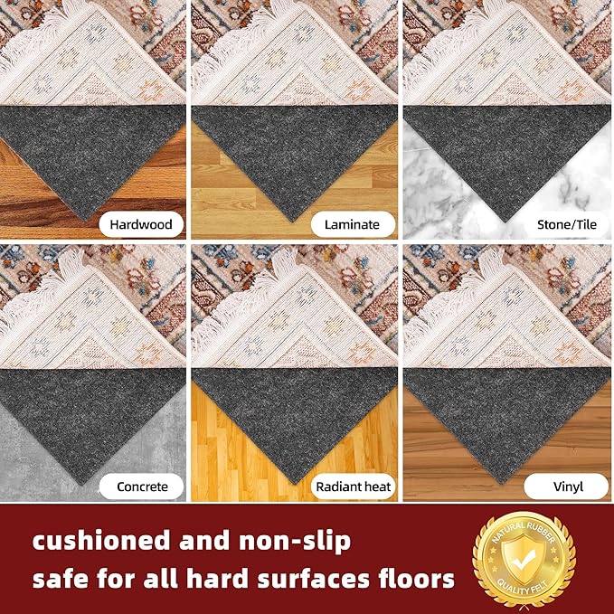 BAGAIL Felt and Natural Rubber Backing Rug Pads 1/8” Thick, 9 x 12 Ft Non Slip Rug Gripper Keep Rugs in Place, Under Area Rug Protective Cushioned Pads, Carpet Runners, Hardwood Floors Protection