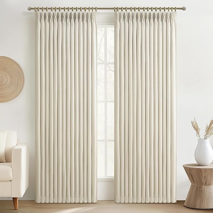 Light Beige Natural Linen Blackout Curtains 90 Inches Long 2 Panels Set by PleatedDrapes