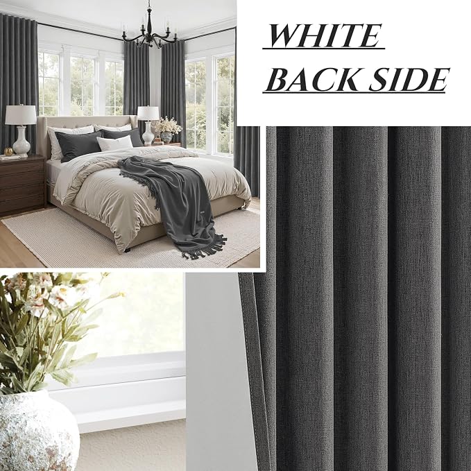 Dark Grey Linen Room Darkening Curtains 96 Inches Long 2 Panels Set - Image 5