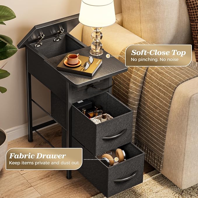 Huuger Narrow End Table with Charging Station, Side Table with 2 Drawers | Slim - Image 7