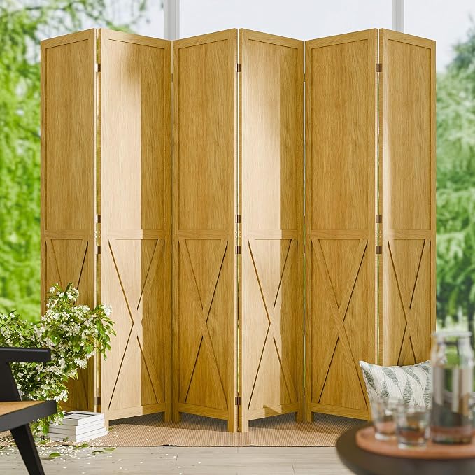 6 Panel Folding Room Divider, Solid Wood Privacy Screen, Freestanding Partition by CozyCastle