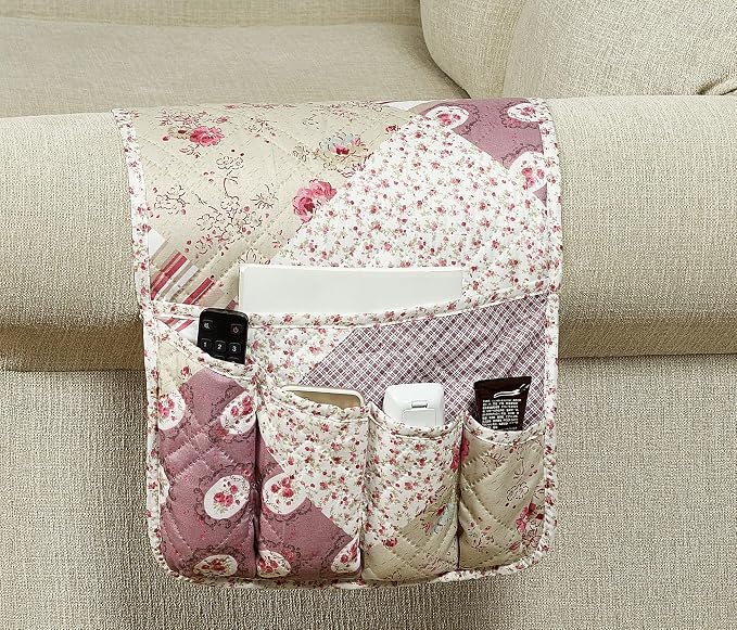 Brilliant Sunshine Pink Rosette & Stripe Couch Armrest Cover, Armrest Organizer by BrilliantSunshine