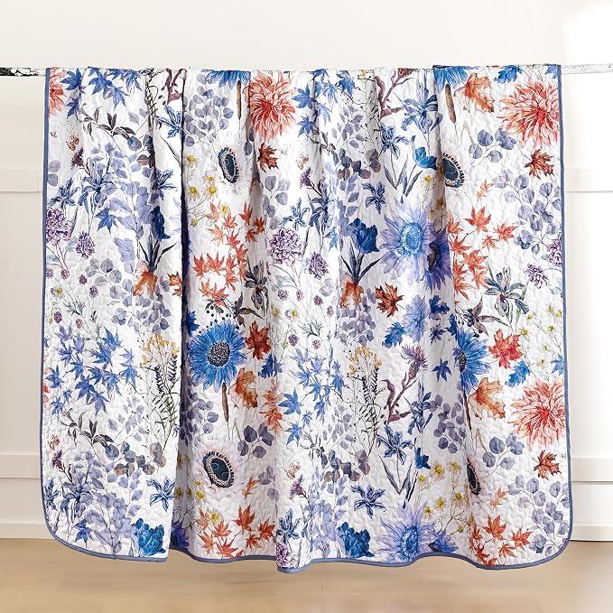 Yiran Blue Floral Quilts Queen Size, Sunflower Botanical Bedding Set | Spring - Image 8