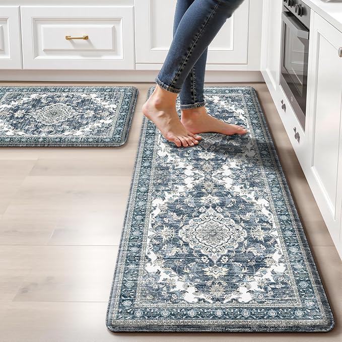 Boho Kitchen Mats for Floor 2 Piece Set Anti Fatigue Cushioned PVC Kitchen Rugs Non Slip Waterproof Farmhouse Mats 2/5 Inch Comfort Standing Mat for Sink, Laundry, 17.3"x47"+17.3"x28", Dark Blue