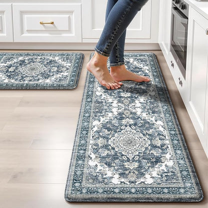 Boho Kitchen Mats for Floor 2 Piece Set Anti Fatigue Cushioned PVC Kitchen Rugs Non Slip Waterproof Farmhouse Mats 2/5 Inch Comfort Standing Mat for Sink, Laundry, 17.3"x47"+17.3"x28", Dark Blue