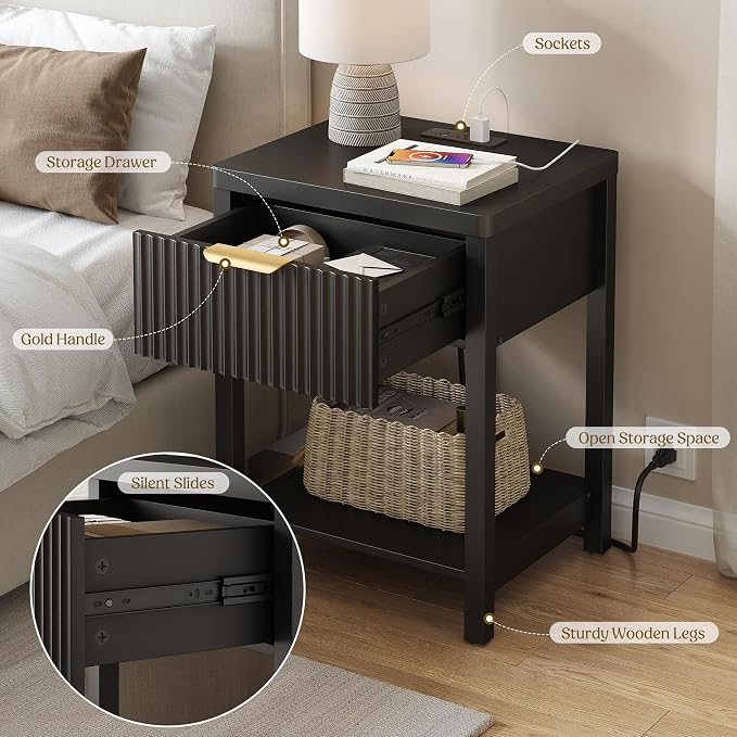 Night Stand Set 2, Fluted Wood Nightstands w/Charging Station - Image 4