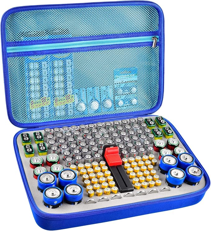 Battery Organizer Storage Holder, 150+ Batteries Storage Containers Box with Battery Tester Fits for AA AAA 9V C D Lithium 3V LR44 CR2016 CR1632 CR2032 CR2025 (Not Includes Batteries)- Light Blue