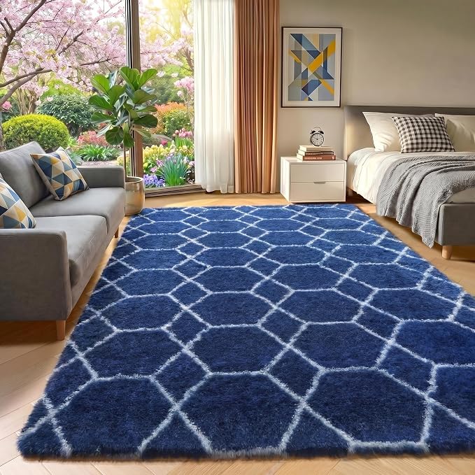 5x7 Area Rugs for Living Room Bedroom, Fluffy Navy Blue and White Throw Rug - Image 5