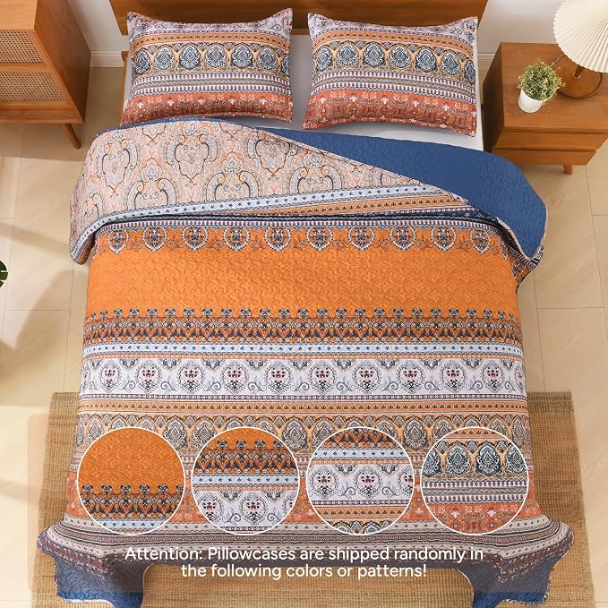 Blue Orange King Size Quilt Set, 3 Pieces Boho Striped Bedspread | Soft - Image 6
