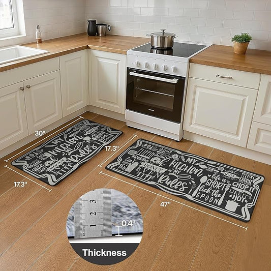 GENIMO Anti Fatigue Kitchen Mats for Floor, Non Slip Washable Kitchen Rules Theme Rugs sets of 2, Farmhouse Cushioned Waterproof Comfort Runner Rug for Kitchen, Sink, Laundry, 17"x 47"+17"x 30", Black