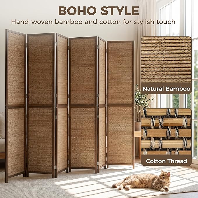 HOMCOM 6 FT Room Divider, 6 Panel Hand-Woven Bamboo Privacy Screen Brown | - Image 3