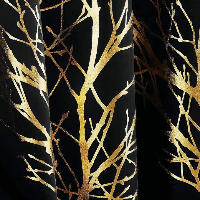 FMFUNCTEX 100% Blackout Black Gold Foil Tree Curtains 96 Inch Long 2 Panels | - Image 7