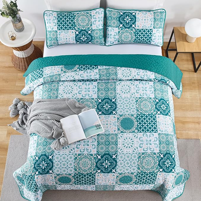 Teal Boho Quilt Set King Size, Plaid Patchwork Bedspreads Coverlet Set | 3Pcs - Image 3