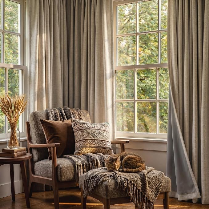 RYB HOME Burlap 100% Blackout Linen Textured Curtains 102 Inches - Image 5