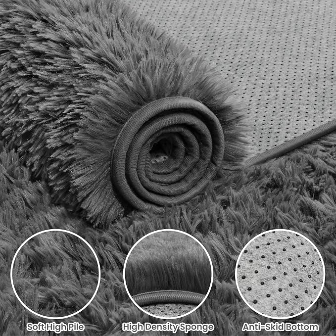 9x12 Fluffy Shag Area Rugs for Living Room Bedroom: Soft Plush Carpet Grey | - Image 7