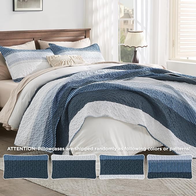 Navy Blue Quilt Twin, 2 Pieces Patchwork Striped Bedspread Set | Striped Quilt - Image 8