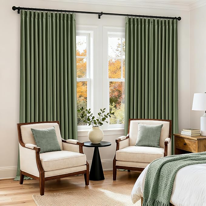 120 Inch Olive Green Linen Pinch Pleated Blackout Curtains Double Layer | 100% - Image 9