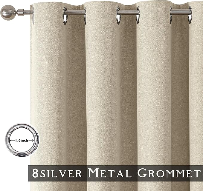 ChrisDowa 100% Blackout Linen Curtains, 2 Panels Set Thermal Insulated Room Darkening Curtains for Living Room, Privacy Grommet Window Drapes for Bedroom (Greyish Beige, 52 x 108 Inch)
