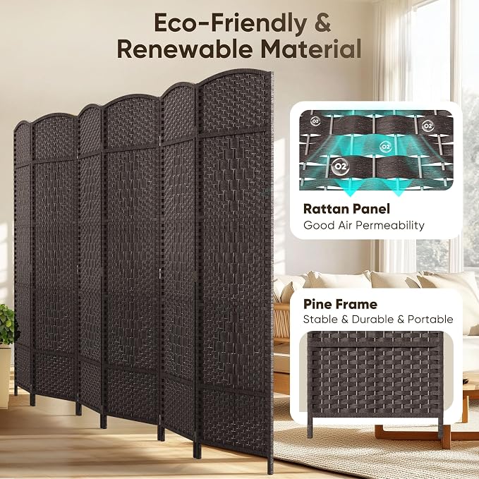 Rattan Room Divider, 6-Panel Folding Privacy Screen 6ft. Extra Wide | Double - Image 3