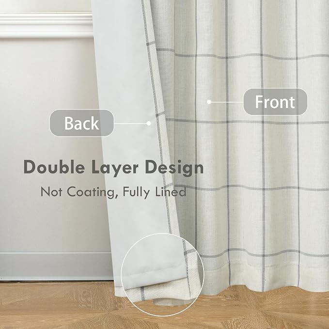 DriftAway 100% Blackout Plaid Linen Curtains 90 Inches Long 2 Panels Gray | - Image 4